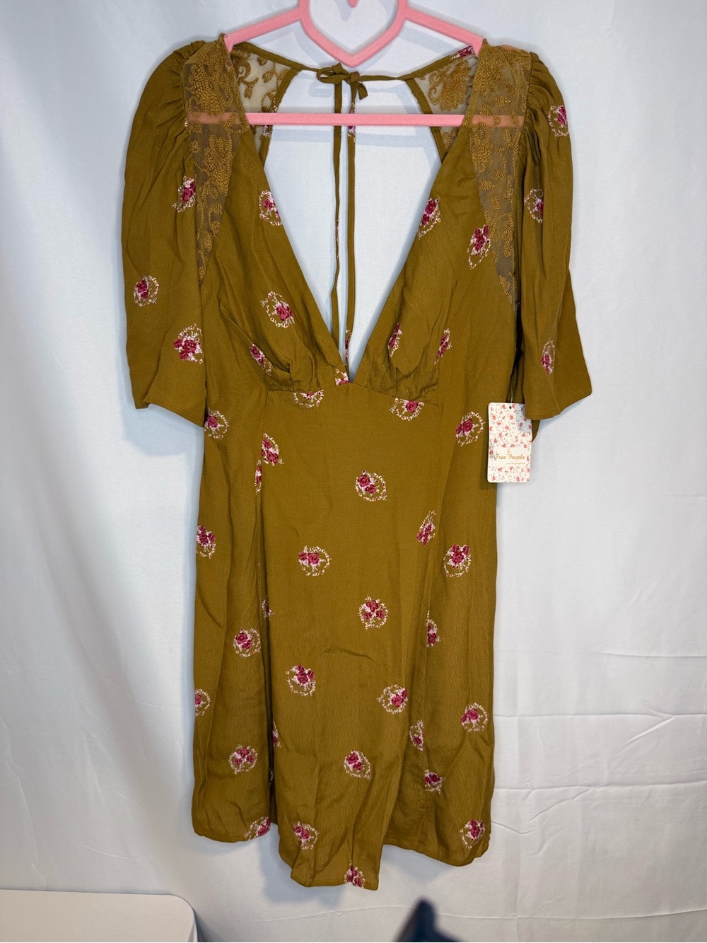 Free People Olive Floral Split-Neck Dress with Pink Accents - Picture 2 of 5
